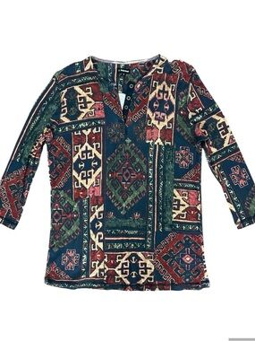 J. Peterman Women’s Aztec Print Henley Top Vintage Inspired Southwestern Large